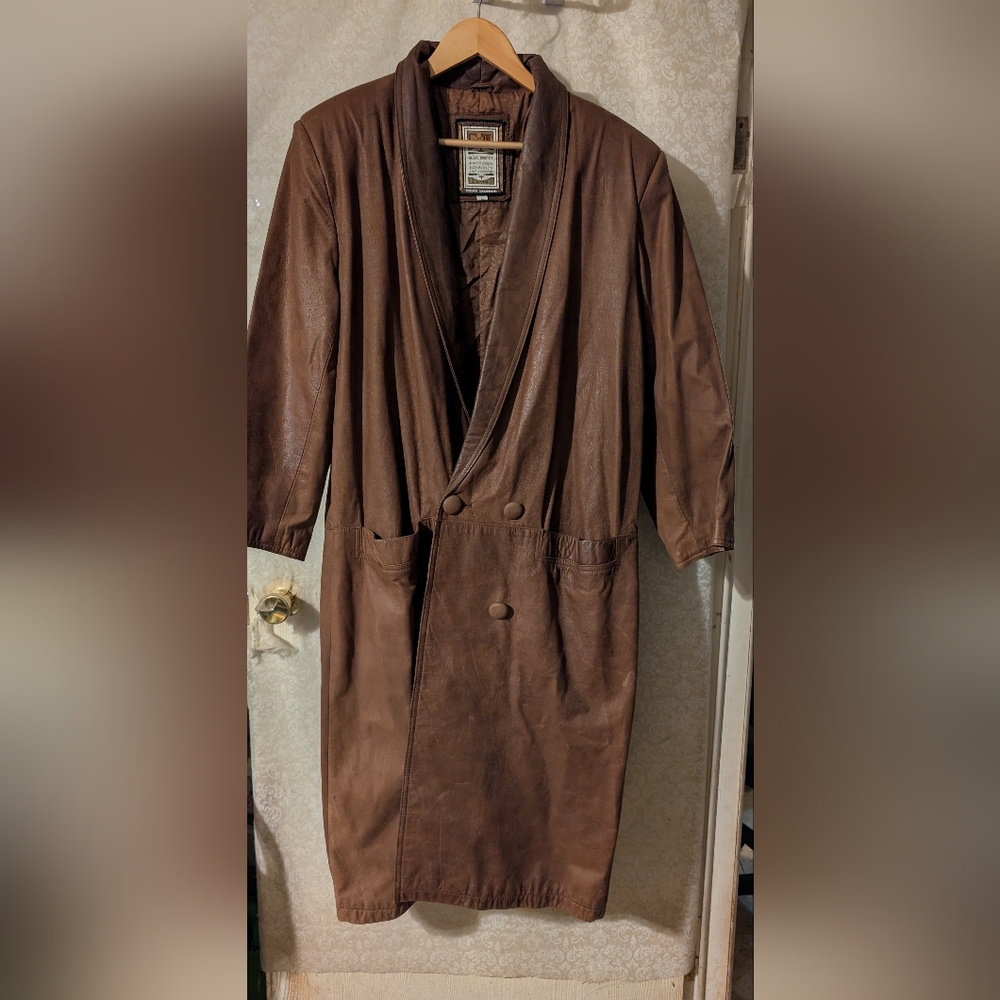 G111 Vintage Brown Leather Trench Coat 80s - Picture 3 of 16